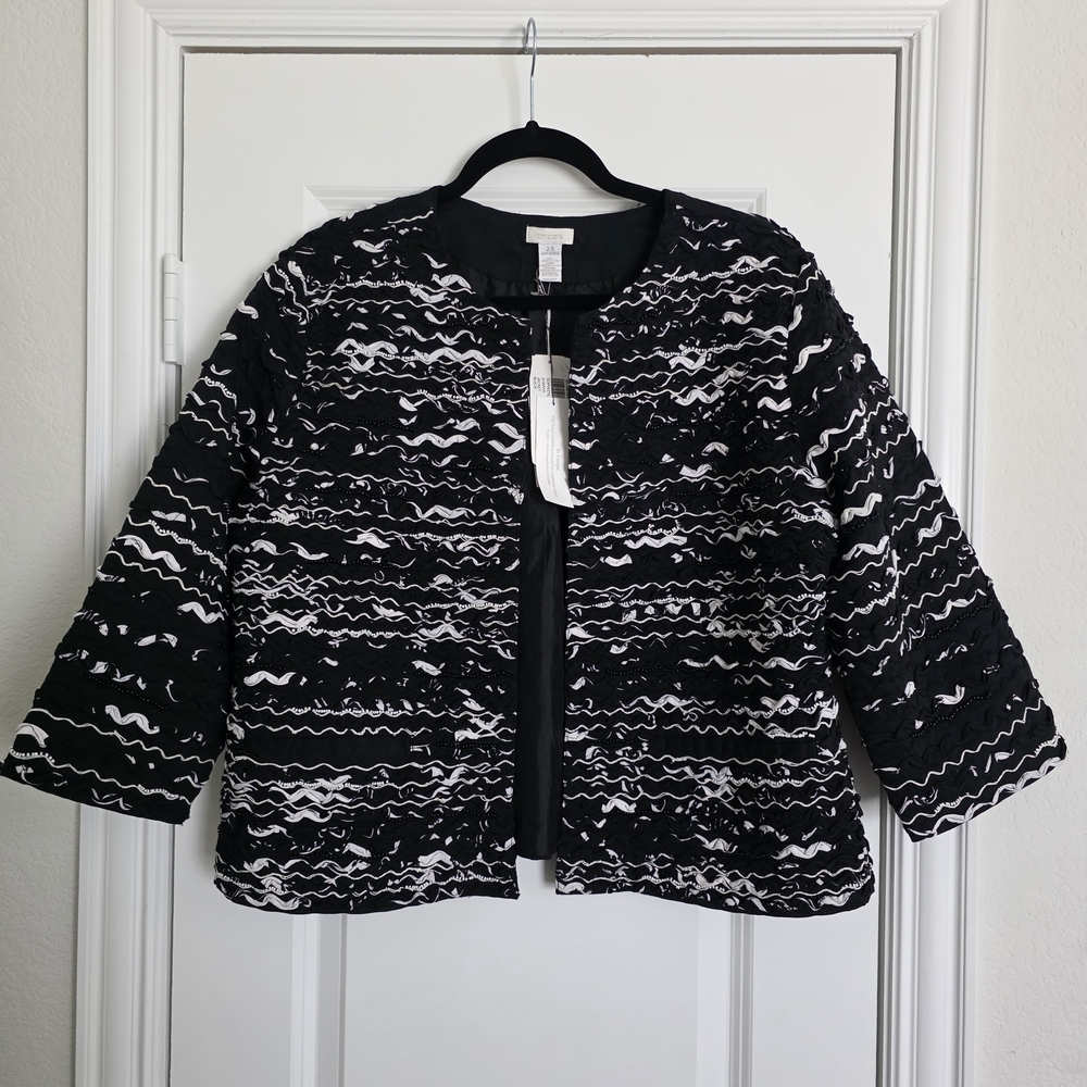 Chico’s Black & White Textured Open Front Jacket NWT Size 2.5 (14-16) Soraya